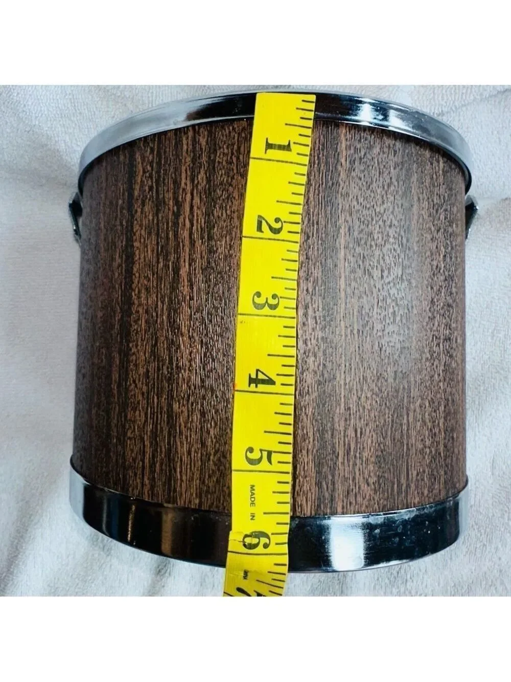 Vintage Atapco MCM Faux Wood Grain Vinyl Chrome Ice Bucket Mid Century USA